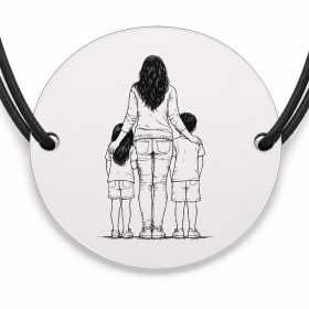 Brățară argint 925 cu bănuț gravat mama cu doi copii, șnur negru reglabil — R0119