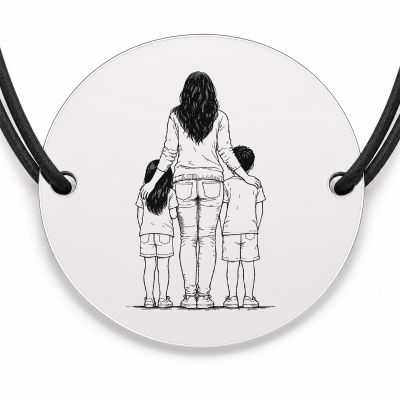 Brățară argint 925 cu bănuț gravat mama cu doi copii, șnur negru reglabil — R0119