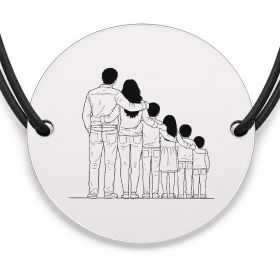 Brățară argint 925 cu bănuț gravat familie cu patru copii, șnur negru reglabil — R0121