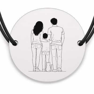 Brățară argint 925 cu bănuț gravat familie cu pisică, șnur negru reglabil — R0141