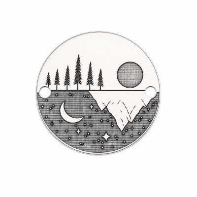 Bănuț argint 925 gravat peisaj montan cu pini, lună și stele, Ø 16,5 mm — pentru iubitorii de munte E0775
