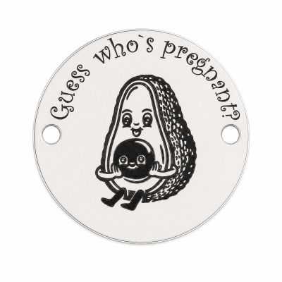 Bănuț argint 925 gravat avocado și mesajul Guess who's pregnant?, Ø 16,5 mm — pentru anunț de sarcină E1348