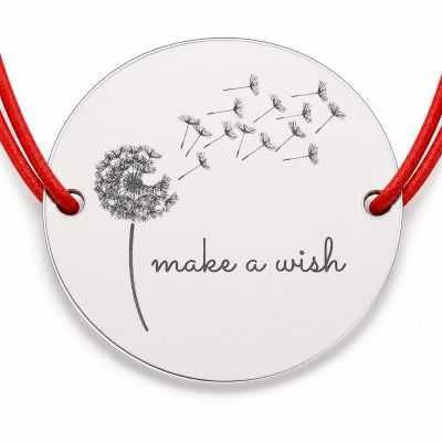 Brățară argint 925 cu bănuț păpădie și mesajul Make a wish, șnur reglabil — cadou cu mesaj inspirațional B-E1456