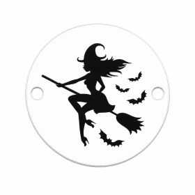Bănuț argint 925 gravat vrăjitoare pe mătură și lilieci, Ø 16,5 mm — de Halloween E0748