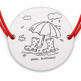 Brățară argint 925 cu bănuț umbrelă, cizmulițe și mesajul Hello, Autumn!, șnur reglabil — cadou de toamnă B-E1282