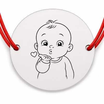 Brățară argint 925 cu bănuț gravat bebe care trimite un pupic, șnur roșu reglabil — R0165
