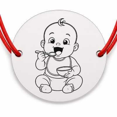Brățară argint 925 cu bănuț gravat bebe cu lingurița, șnur roșu reglabil — R0178