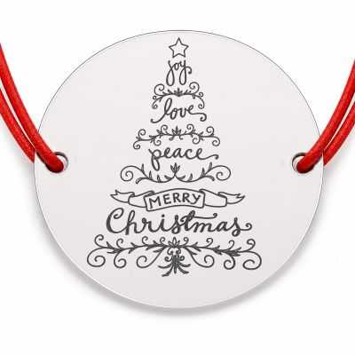 Brățară argint 925 cu bănuț brad din cuvinte festive, șnur reglabil — cadou de Crăciun B-E0728