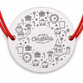 Brățară argint 925 cu bănuț mesaj Merry Christmas și simboluri festive, șnur reglabil — cadou de Crăciun B-E0989