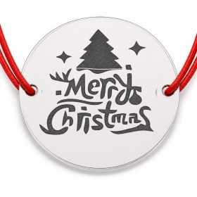 Brățară argint 925 cu bănuț mesaj Merry Christmas cu brad și steluțe, șnur reglabil — cadou de Crăciun B-E0953