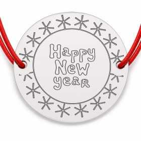 Brățară argint 925 cu bănuț mesaj Happy New year și fulgi, șnur reglabil — cadou de Anul Nou B-E0986