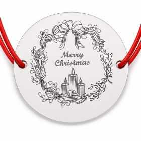 Brățară argint 925 cu bănuț coroniță festivă cu lumânări și mesaj Merry Christmas, șnur reglabil — cadou de Crăciun B-E1003