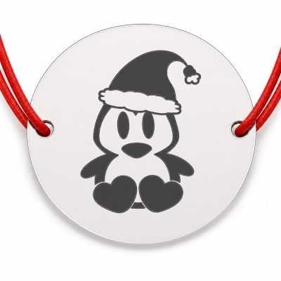 Brățară argint 925 cu bănuț pinguin cu căciulă de Moș Crăciun, șnur reglabil — cadou de Crăciun B-E1871