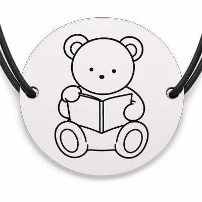 Brățară argint 925 cu bănuț gravat ursuleț cu carte, șnur negru reglabil — R0226
