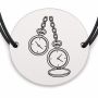 Brățară argint 925 cu bănuț gravat două ceasuri de buzunar, șnur negru reglabil — R0290