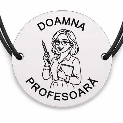Brățară argint 925 cu bănuț gravat doamna profesoară cu creion și caiet, șnur negru reglabil — R0294