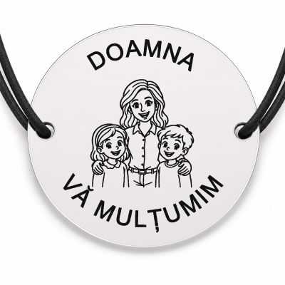 Brățară argint 925 cu bănuț gravat doamna învățătoare cu doi copii, șnur negru reglabil — R0295