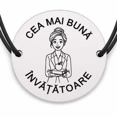 Brățară argint 925 cu bănuț gravat doamna învățătoare cu mărul pe carte, șnur negru reglabil — R0297