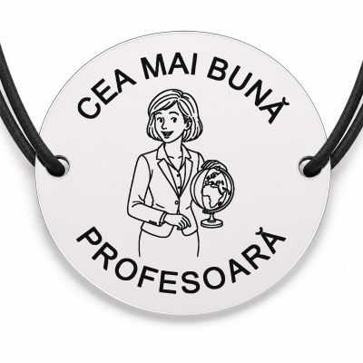 Brățară argint 925 cu bănuț gravat doamna profesoară cu globul pământesc, șnur negru reglabil — R0299