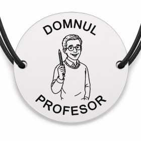 Brățară argint 925 cu bănuț gravat domnul profesor cu creion și ochelari, șnur negru reglabil — R0301