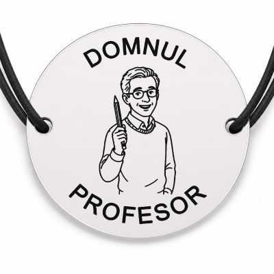 Brățară argint 925 cu bănuț gravat domnul profesor cu creion și ochelari, șnur negru reglabil — R0301