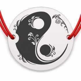 Brățară argint 925 cu bănuț simbol Yin și Yang cu ornamente florale, șnur reglabil — cadou simbolic B-E0625