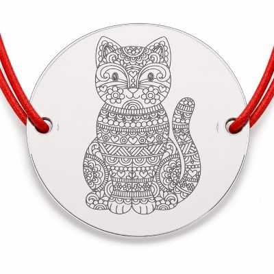 Brățară argint 925 cu bănuț pisică mandala cu ornamente fine, șnur reglabil — cadou simbolic B-E0621