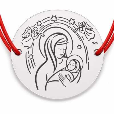 Brățară argint 925 cu bănuț mama cu pruncul înconjurată de îngeri, șnur reglabil — cadou simbolic B-E2109