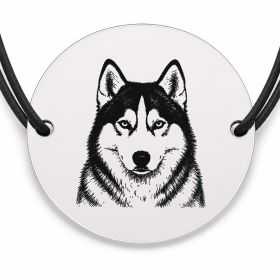 Brățară argint 925 cu bănuț gravat portret de Husky Siberian, șnur negru reglabil — R0361