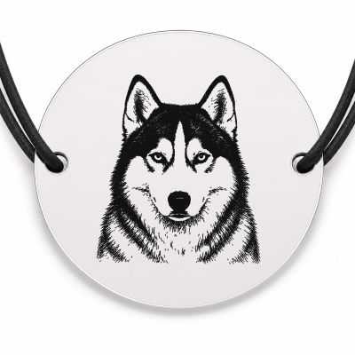 Brățară argint 925 cu bănuț gravat portret de Husky Siberian, șnur negru reglabil — R0361
