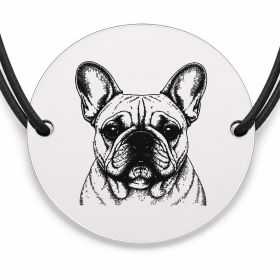Brățară argint 925 cu bănuț gravat portret de Bulldog Francez, șnur negru reglabil — R0362