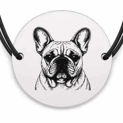 Brățară argint 925 cu bănuț gravat portret de Bulldog Francez, șnur negru reglabil — R0362