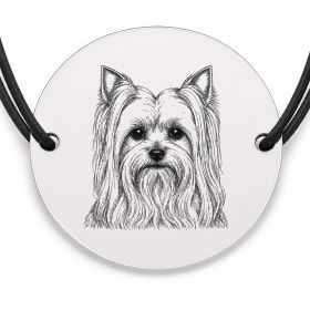 Brățară argint 925 cu bănuț gravat portret de Yorkshire Terrier, șnur negru reglabil — R0363