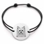 Brățară argint 925 cu bănuț gravat portret de Yorkshire Terrier, șnur negru reglabil — R0363