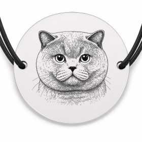 Brățară argint 925 cu bănuț gravat portret de pisică British Shorthair, șnur negru reglabil — R0368
