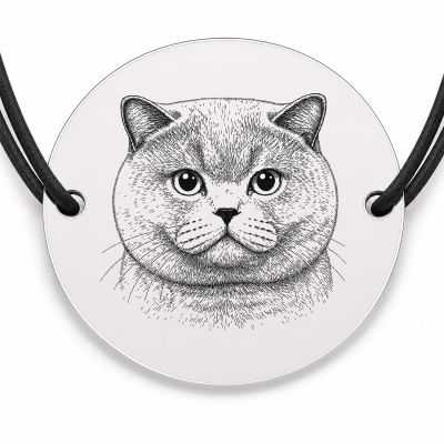 Brățară argint 925 cu bănuț gravat portret de pisică British Shorthair, șnur negru reglabil — R0368