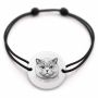 Brățară argint 925 cu bănuț gravat portret de pisică British Shorthair, șnur negru reglabil — R0368
