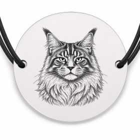 Brățară argint 925 cu bănuț gravat portret de pisică Maine Coon, șnur negru reglabil — R0371