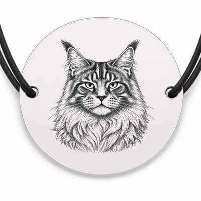 Brățară argint 925 cu bănuț gravat portret de pisică Maine Coon, șnur negru reglabil — R0371