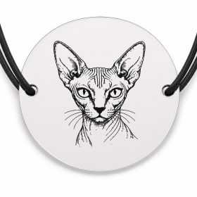 Brățară argint 925 cu bănuț gravat portret de pisică Sphynx, șnur negru reglabil — R0372