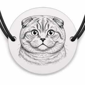 Brățară argint 925 cu bănuț gravat portret de pisică Scottish Fold, șnur negru reglabil — R0375