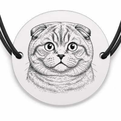 Brățară argint 925 cu bănuț gravat portret de pisică Scottish Fold, șnur negru reglabil — R0375