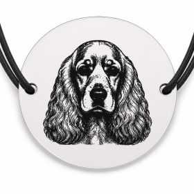 Brățară argint 925 cu bănuț gravat portret de Cocker Spaniel, șnur negru reglabil — R0378