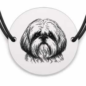 Brățară argint 925 cu bănuț gravat portret de Shih Tzu, șnur negru reglabil — R0379