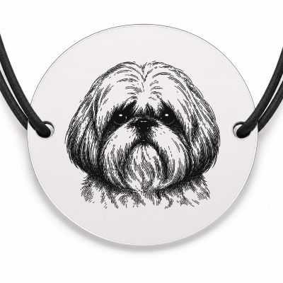 Brățară argint 925 cu bănuț gravat portret de Shih Tzu, șnur negru reglabil — R0379