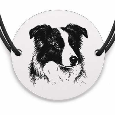 Brățară argint 925 cu bănuț gravat portret de Border Collie, șnur negru reglabil — R0382