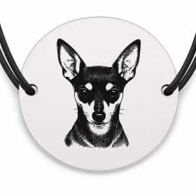 Brățară argint 925 cu bănuț gravat portret de Pinscher pitic, șnur negru reglabil — R0384