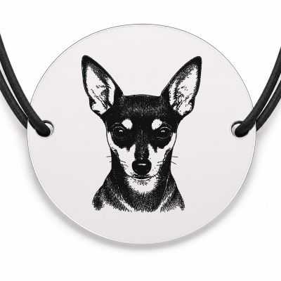 Brățară argint 925 cu bănuț gravat portret de Pinscher pitic, șnur negru reglabil — R0384