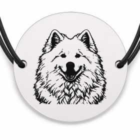 Brățară argint 925 cu bănuț gravat portret de Samoyed, șnur negru reglabil — R0386