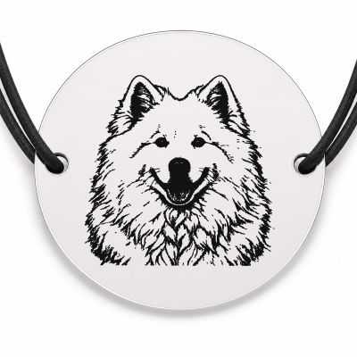Brățară argint 925 cu bănuț gravat portret de Samoyed, șnur negru reglabil — R0386